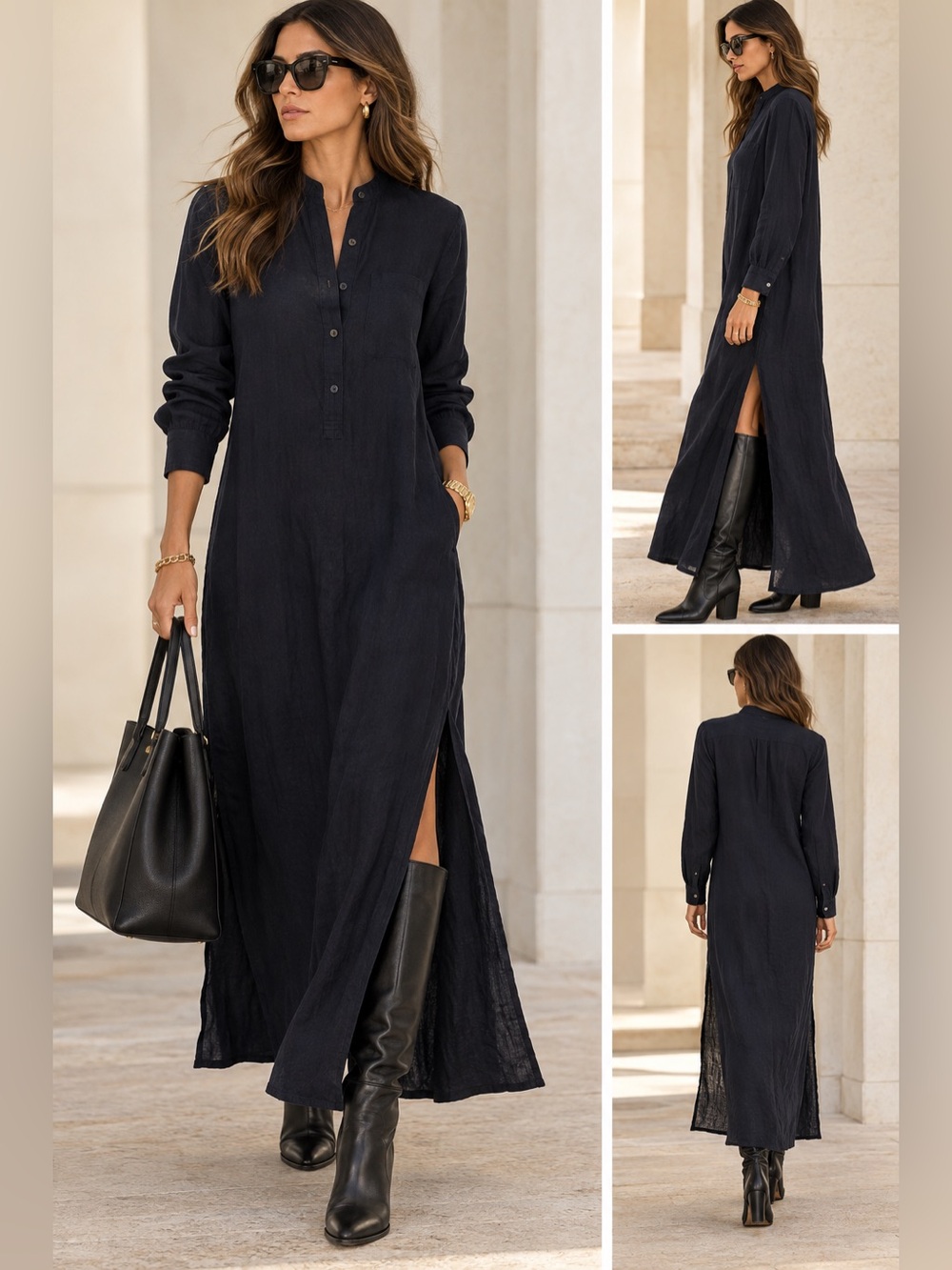 Nili Lotan 100% Linen Navy Maxi Shirtdress Long Sleeve Quiet Luxury Size S